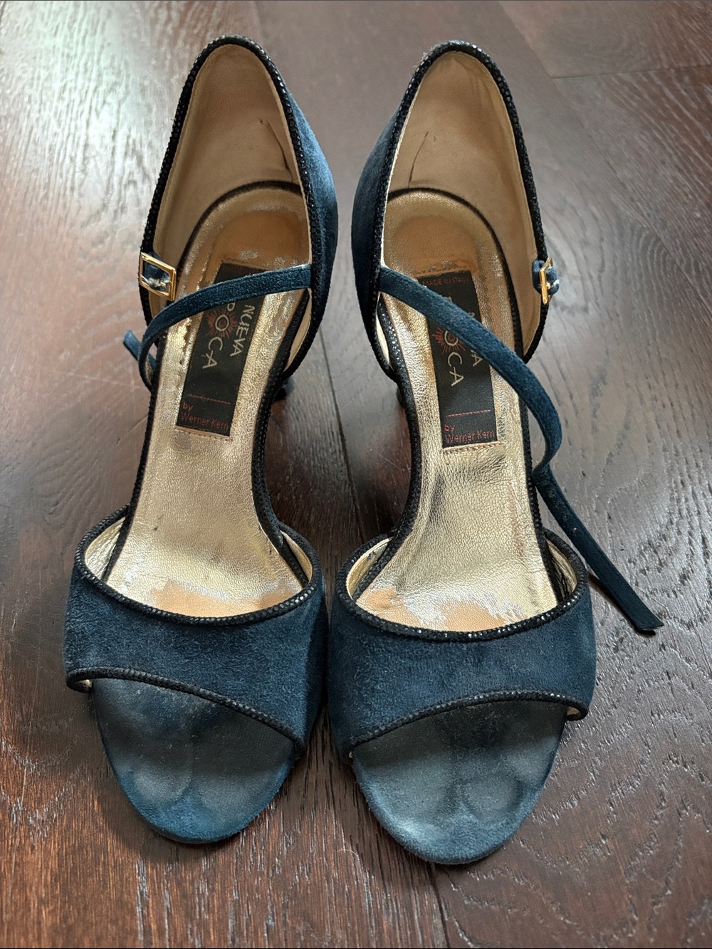 Epoca Nueva dancing tango salsa Navy Suede Cross-Strap Open-Toe Heels